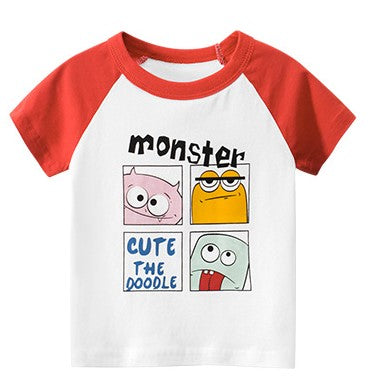 Little monster on white body and red shoulder T-shirt