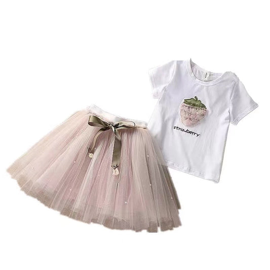 White T-shirt & pink rustling skirt set